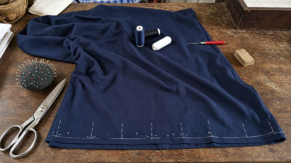 Contoh: jubah biru tua sedang dilabuhkan di atas meja kayu