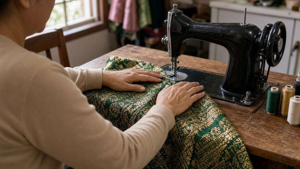Contoh: tangan menjahit kain songket hijau di mesin jahit