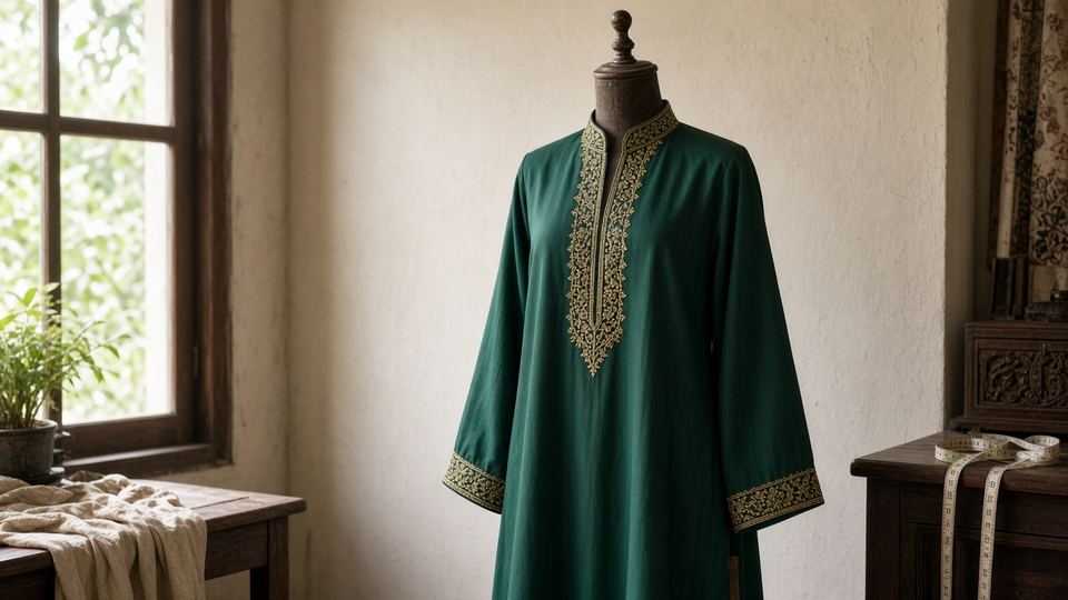 Contoh: jubah hijau zamrud bersulam emas pada patung baju