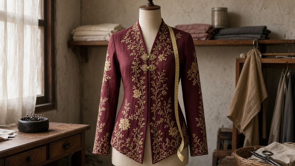 Contoh: kebaya merah marun bersulam emas pada patung baju